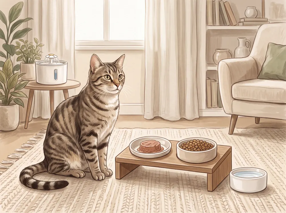 Potes de água e alimentação organizados para o gato