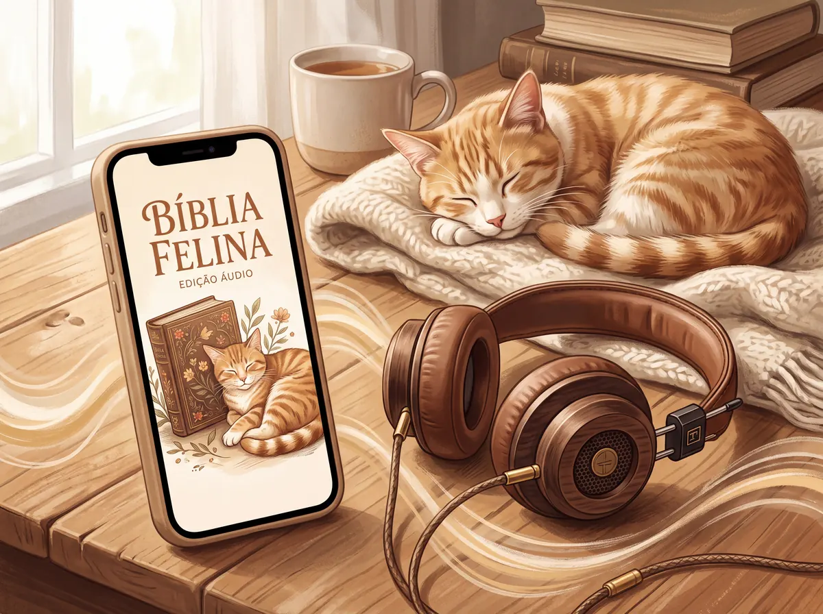 Gato ao lado de smartphone e fones de ouvido representando o bônus em áudio