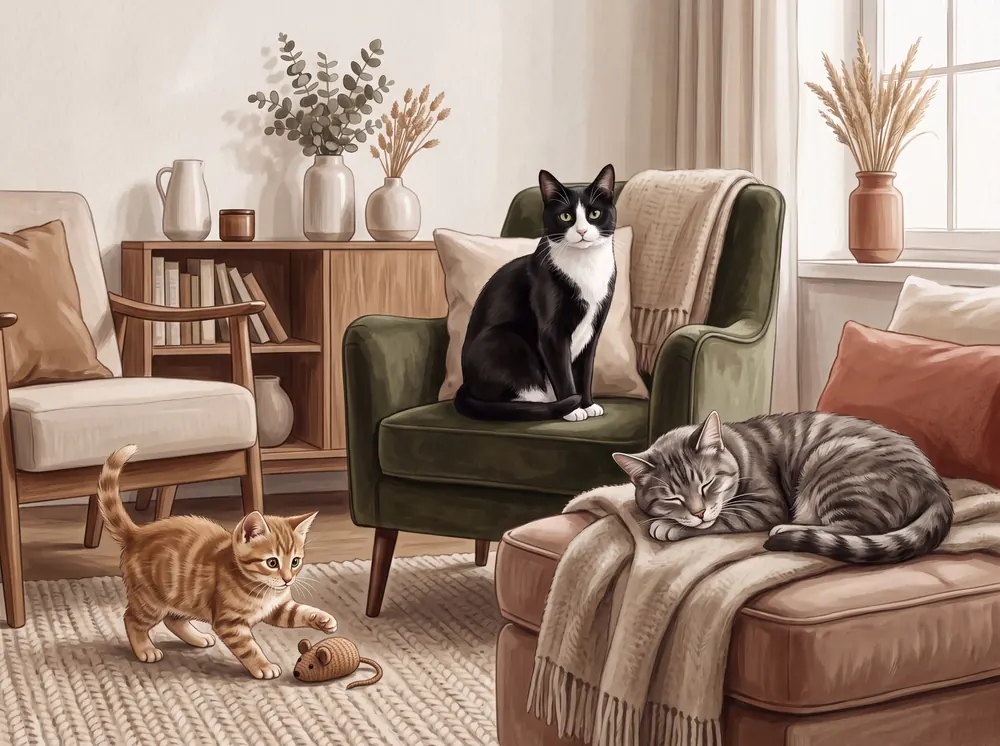 Três gatos representando diferentes fases da vida felina
