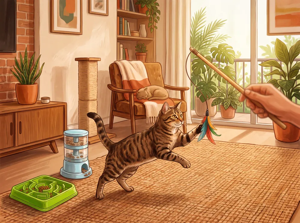 Gato brincando com brinquedo de varinha durante a rotina