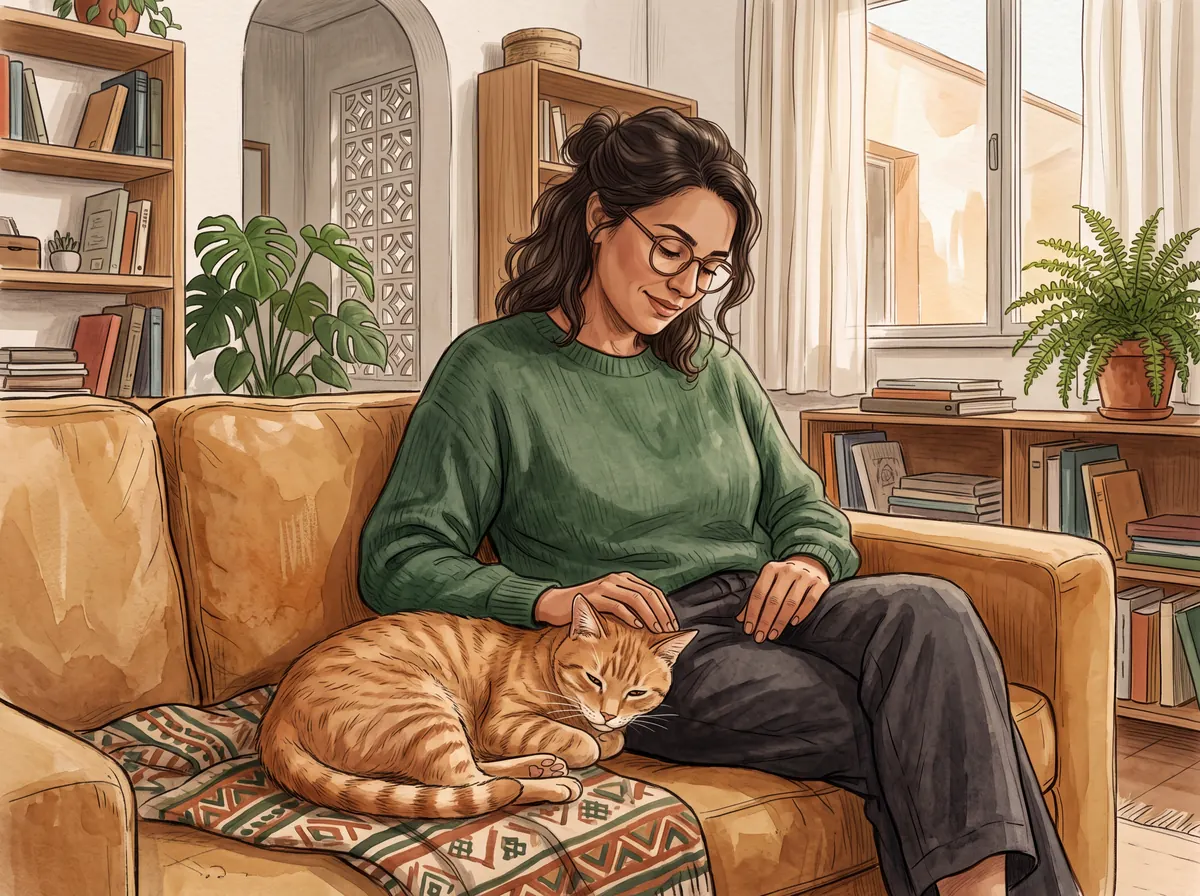 Tutor sentado com o gato, em momento de conexão